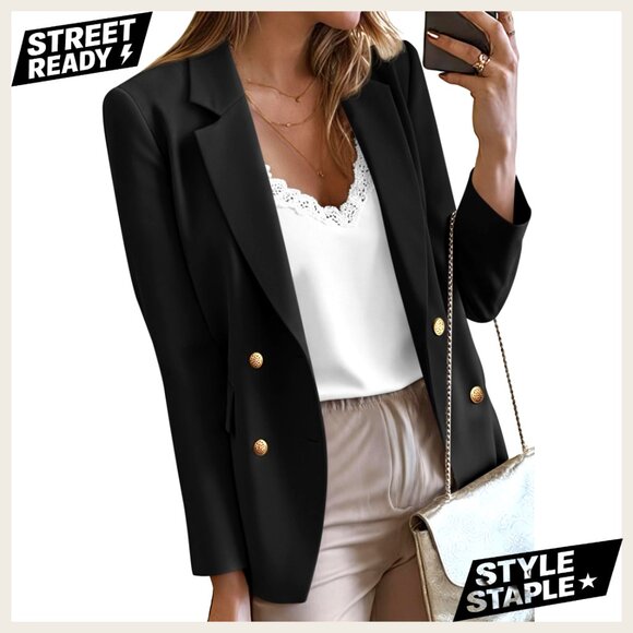Double Breasted Blazer with Pockets Loose Fit 100% Polyester Business Casual